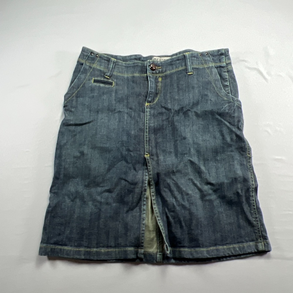 Mng Mango Pencil Skirt Womens 8 Dark Blue Denim Knee Length Front Slit Zip Fly